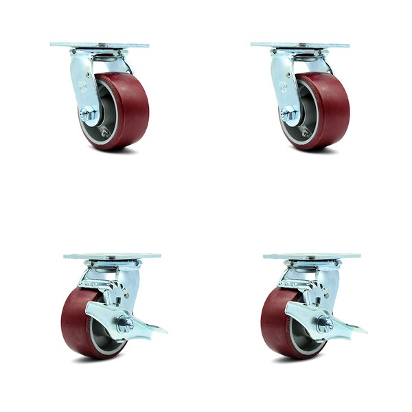4 Inch Poly on Aluminum Swivel Caster Set with Ball Bearings 2 Brakes SCC